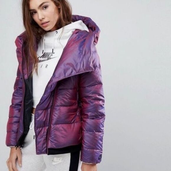 GUC Nike Down Jacket Hooded Puffer Iridescent Purple Asymmetric Zip SOLD OUT - Picture 14 of 15